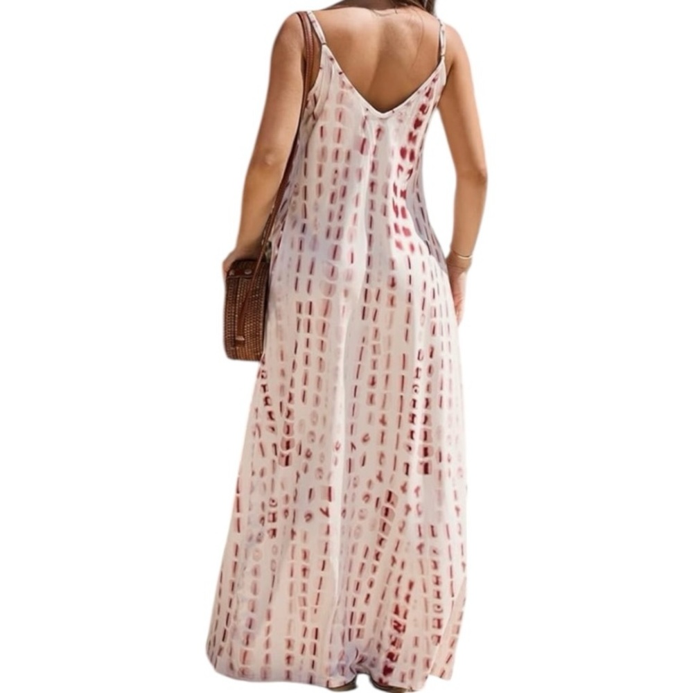 OURS White Pink Red Ikat Print Spaghetti Strap Pockets Maxi Sundress Dress - Picture 2 of 12